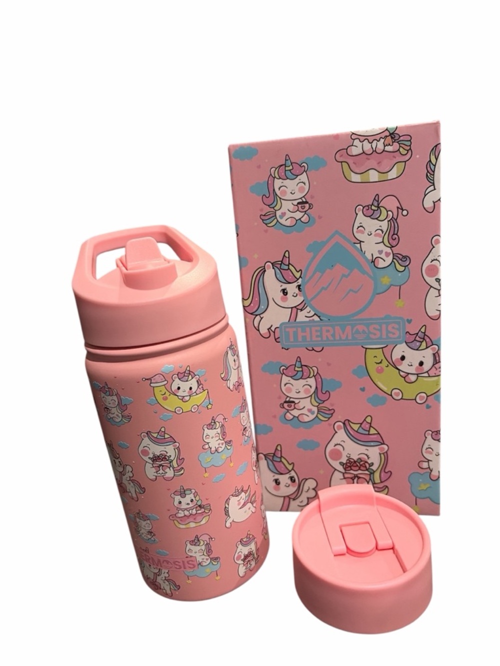 Thermos Pink Unicorn Kids Water Bottle with Flip Lid and Straw Lid